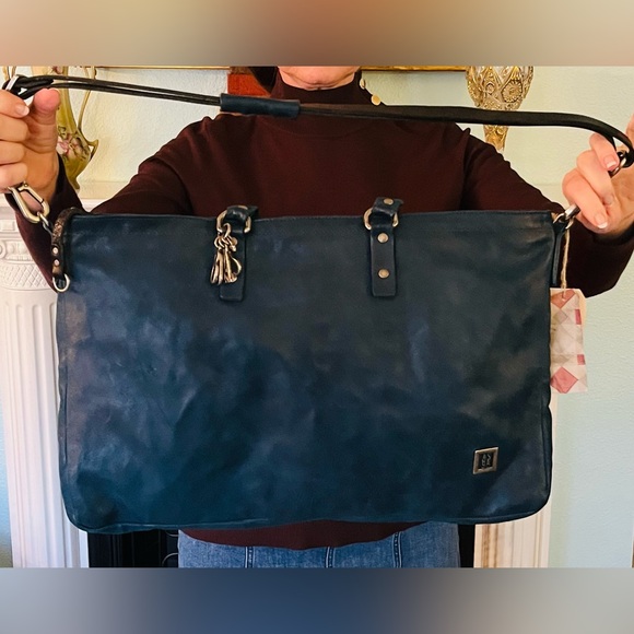 NWT A.S. 98 leather unisex Ocean Blue with black trim zipper satchel bag - Picture 6 of 13